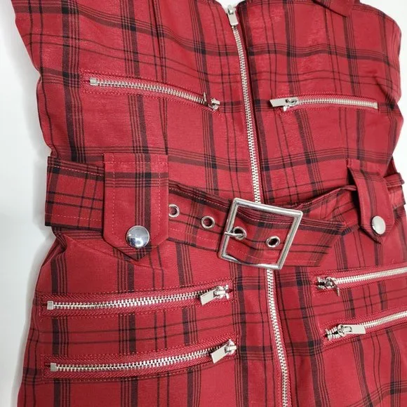 WeWoreWhat Y2K Plaid Moto Jumpsuit Overalls Stretch Buckle Adjustable Straps Red - Picture 5 of 9